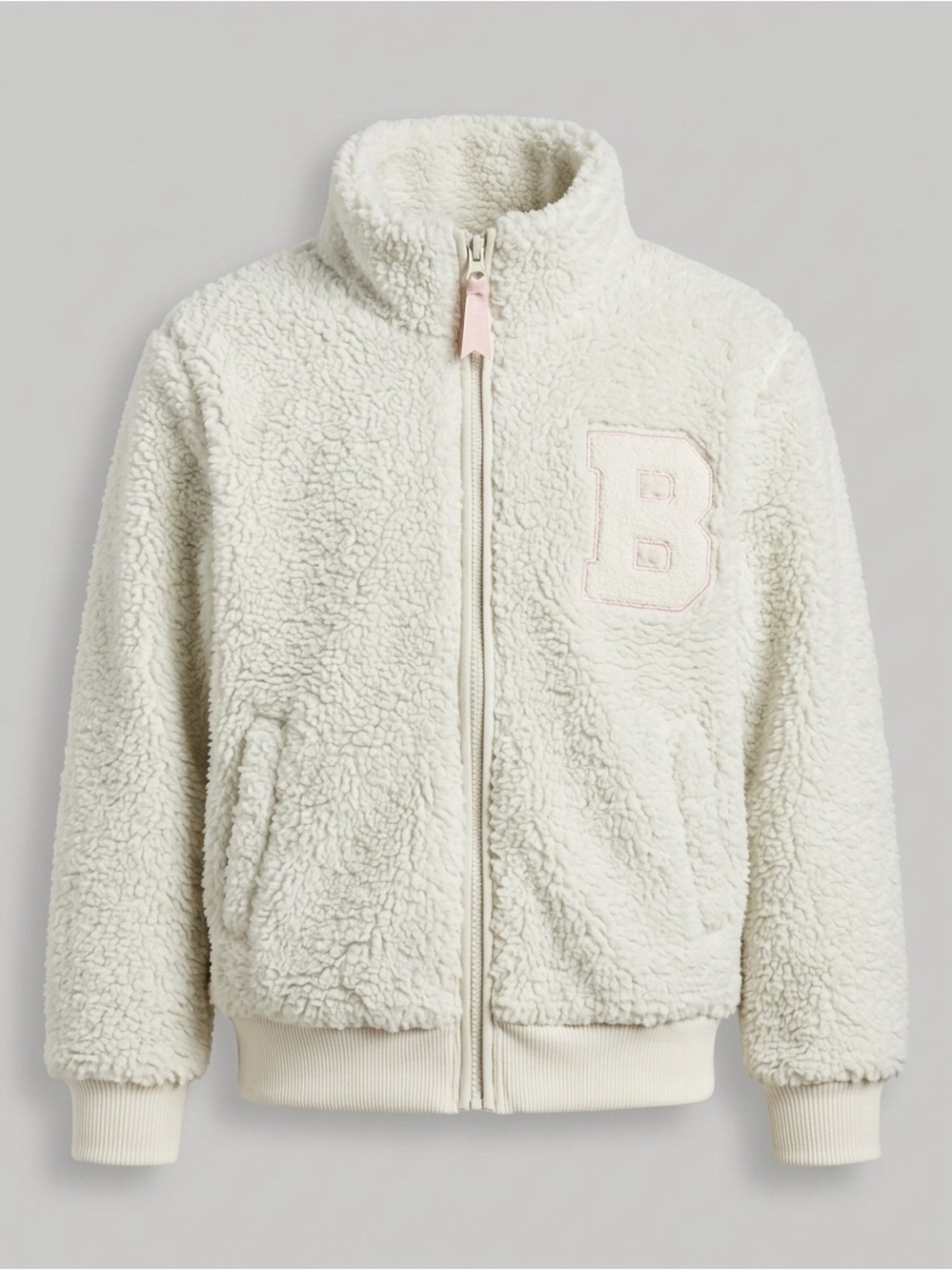 🌈6/$10 BCBG Girls Cream Sherpa Fleece Full Zip Jacket Patch Letter B Size Large